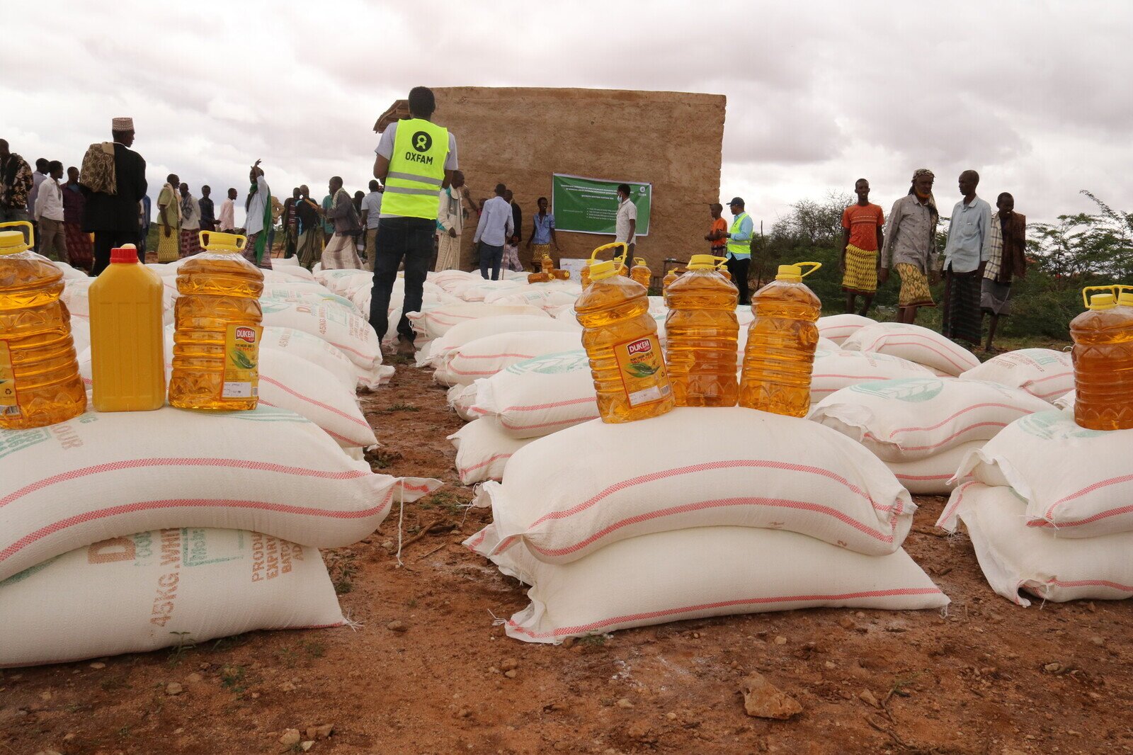 Piles of flour, oil and other relief items.